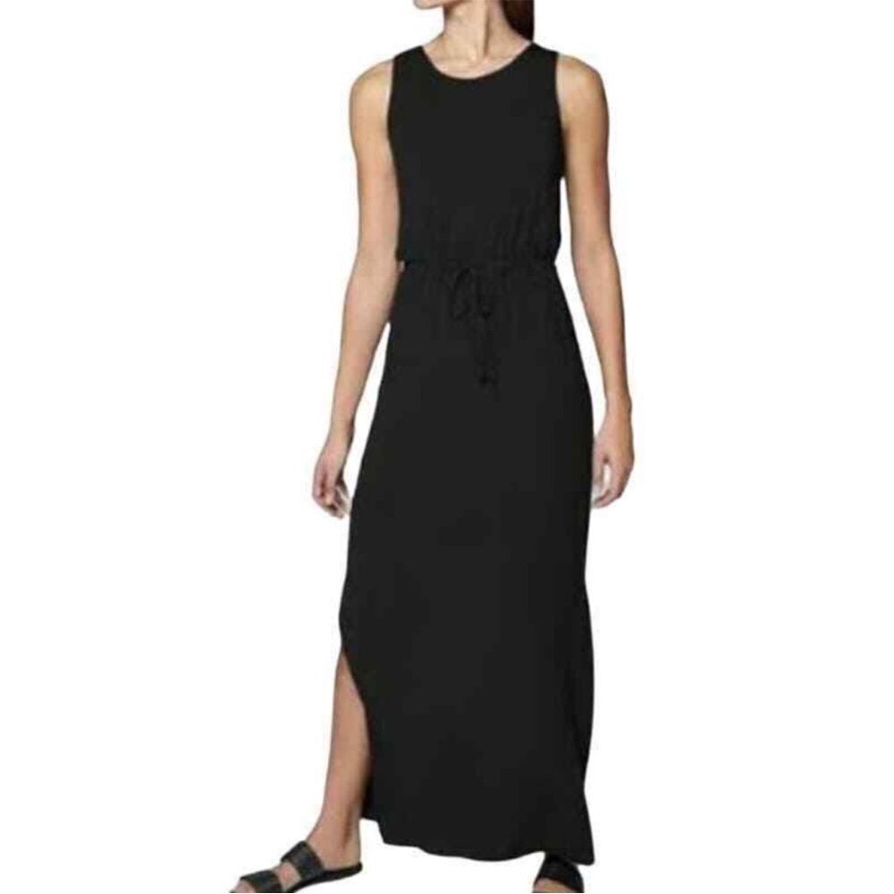 Athleta black soft knit maxi dress keyhole closure drawstring waist size small